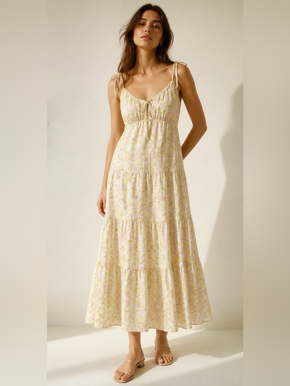 Astr Light Yellow Floral Tie-Strap Tiered Maxi Dress with free shipping